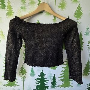 Elegant Black Off-Shoulder Smocked Sweater